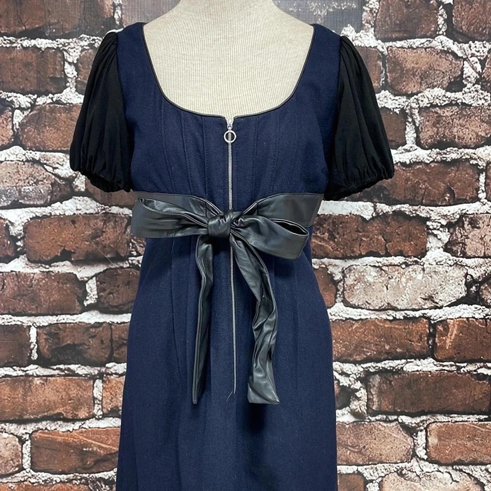 Phoebe Couture Dress Knee Length Blue Wool Leather Tie Size 4